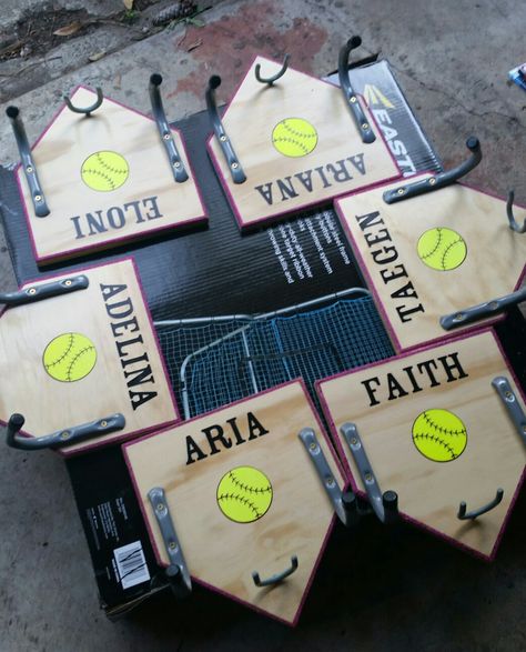 Softball plaques/dugout organizers Tball Dugout Organization, Dugout Organization, Softball Dugout, Softball Team Mom, Team Mom Baseball, Softball Team Gifts, Baseball Dugout, Softball Party, Softball Senior Pictures