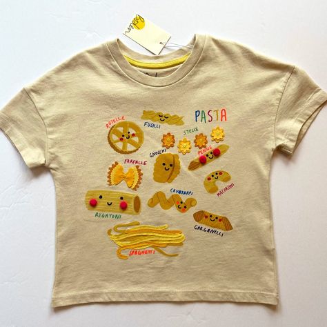 Nwt Mini Boden -- Your Kiddo Will Become An Expert On Types Of Pasta With This Fun T-Shirt Featuring Flutters, Appliques, And Pom Poms On The Smiling Faces Of 11 Different Kinds Of Pasta! This Shirt Is A Huge Hit With Kids Of All Ages! Comfortable Pull-On Style Is 100% Cotton And The Short Sleeves Are Just Right For Three-Season Wear. Warm Machine Wash, Do Not Bleach, Tumble Dry Cold, Warm Iron, Do Not Dry Clean. Size 5/6 Years. Different Kinds Of Pasta, Kinds Of Pasta, Types Of Pasta, Boden Boys, Shark Tee, Applique Tee, Panda Shirt, Rainbow Tee, Smiling Faces