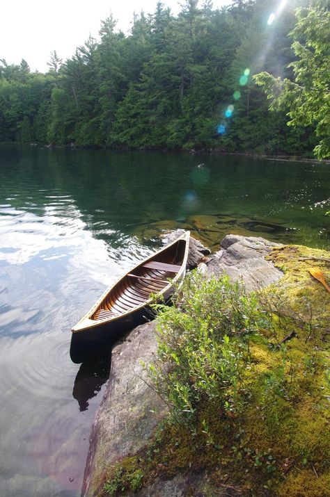 The Blue Canoe - by David Chambers.  Clear Lake Conservation Reserve, Haliburton, Ontario. Wooden Boat Aesthetic, Haliburton Ontario, Sailing Canoe, Sailboat Photography, Wood Canoe, Eastern Woodlands, Summer Board, Garage Studio, Canoe Club