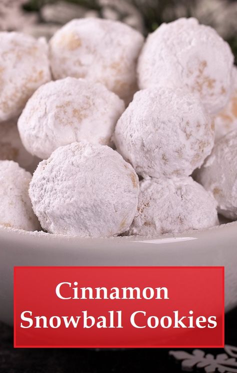 Cinnamon Snowball Cookies are buttery cookies laced with cinnamon and coated in powdered sugar.  These nut free cookies melt in your mouth and always show up on my holiday cookie tray. #nutfree #cookies #christmascookies Cinnamon Sugar Snowballs, Nut Free Snowball Cookies, Cinnamon Snowball Cookies, Cinnamon Sugar Snowball Cookies, Ball Cookies Recipes, Snowball Cookie, Powdered Sugar Cookies, Nut Free Cookies, Snowball Cookie Recipe