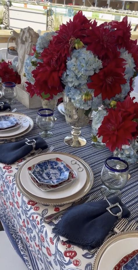 Red White And Blue Table Centerpieces, Blue Table Centerpieces, Blue And Red Wedding, Blue Dinner, Blue Table, Red Wedding, Rehearsal Dinners, Dinner Table, Red White And Blue