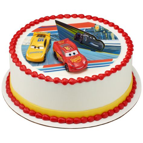 "This Cars cake kit includes 2 car decoration and a plastic pick to place on top of a cake. The car figurines measure to approx. 3\". Place on top of your cake or even a cupcake cake as shown above!" Cars Cake Topper, Pic Background, Car Cake Toppers, Powdered Food Coloring, Lighting Mcqueen, Music Cookies, Chocolate Rocks, Shaped Cake Pans, Cars Cake