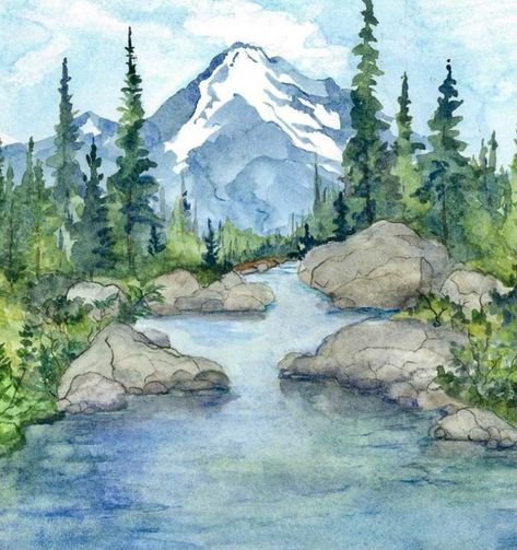 Landscape Drawing Easy, Landscape Painting Watercolor, Easy Landscape Paintings, Water Watercolor, Watercolor Scenery, Watercolor Art Landscape, Watercolor Paintings Nature, Nature Watercolor, Winter Watercolor