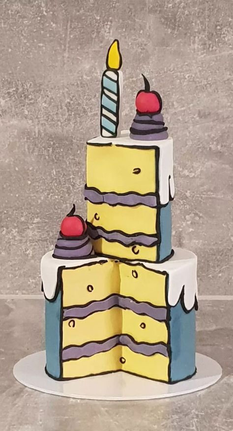 Pop Art Cakes, Comic Cake Ideas, Blue And Yellow Cake, Cartoon Cake Design, Cakes 2023, Valentine's Day Cakes, Simple Comic, Valentine Chocolate Covered Strawberries, Comic Cake