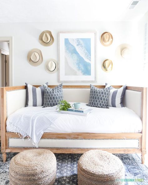 Bright and airy coastal craft room ! #craftroom Coastal Style Bedroom, Pillows And Blankets, Coastal Bedroom Decorating, Wood Daybed, Coastal Living Rooms, Coastal Bedrooms, Coastal Bedroom, Day Bed, Coastal Living Room