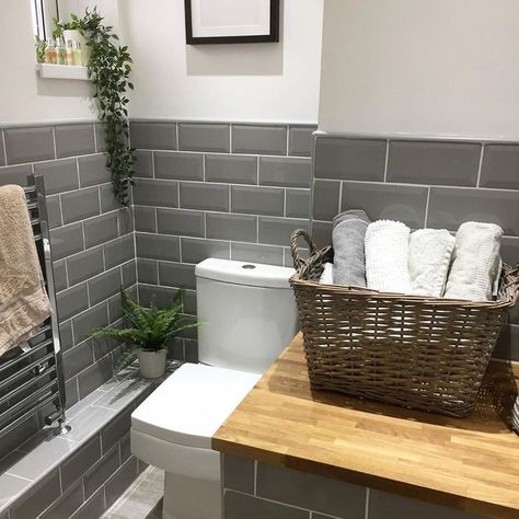 Grey Metro Tiles Bathroom, Period Home Interiors, Metro Tiles Bathroom, Downstairs Bathroom Ideas, Metro White, Small Downstairs Toilet, Cloakroom Toilet, Downstairs Wc, White Grout