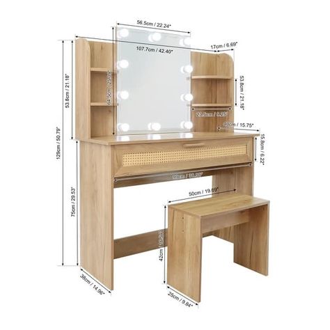 Vanity Desk Set Stool Dressing Table with LED Lighting Mirror Drawer - Bed Bath & Beyond - 39655991 Vanity With Large Mirror, Cosmetic Table, Vanity Table With Lights, Bedroom Nature, Stool For Bedroom, Mirror Drawer, Lighting Mirror, Drawer Bed, Vanity Desk With Mirror