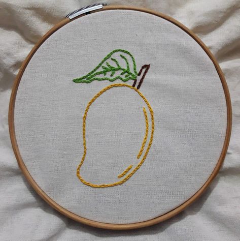 Fruit Embroidery Design, Mango Embroidery Design, Mango Embroidery, Straight Stitch Embroidery, Embroidery Writing, Embroidered Fruit, Cushion Diy, Vest Ideas, Kids Embroidery