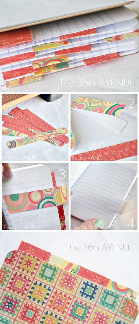 PAPER CRAFTS :: Make a Notebook Tutorial :: RESTYLE a composition notebook by adding some pretty scrapbook paper on the cover & adding tabs for either the months of the year or blank, to be labeled at a future date. | #the36thavenue Notebook Tabs Diy, Composition Notebook Diy, Pretty Scrapbook, Altered Composition Notebooks, Make A Journal, Altered Composition Books, Journal Tutorials, Notebook Diy, Composition Books