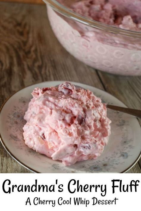 Grandma's cherry fluff dessert is easy as pie, cherry pie that is! It’s a vintage no-bake, whipped topping-based dessert with five simple ingredients, including cherry pie filling, sweetened condensed milk, chopped pecans, crushed pineapple and cool whip. Cherry Fluff Dessert, Cherry Fluff, Fruit Kabob, Orange Jello, Mom On Timeout, Fluff Recipe, Fluff Desserts, Tropical Orange, Croquembouche