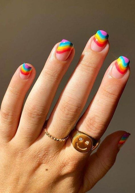 30 Chic Ways To Glam Up Classic Square French Tip Nails Rainbow Nails Design, Rainbow Nail Art, Rainbow Nail, Striped Nails, Bright Nails, Nail Fashion, Nails Summer, Rainbow Nails, Funky Nails