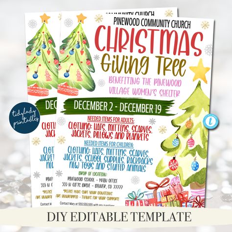 "Christmas Angel Tree Fundraiser Flyer Template - All text is editable! Christmas angel tree nonprofit charity flyer features cute and festive holiday graphics. Get your holiday charity events started right... this printable invite flyer will set the mood right away!   NEED THE FULL SET WITH THE FLYER AND TREE TAGS - FIND IT HERE: https://www.etsy.com/listing/1598977514/christmas-giving-tree-fundraiser-flyer?click_key=47ebee3e8e4d494b0281e732315326ce5e3ffc50%3A1598977514&click_sum=b17f0737&ref=s Angel Tree Ideas, Christmas Charity, Pta Fundraising, School Pto, Fundraiser Flyer, Holiday Graphics, Tree Tags, Angel Tree, Charity Events