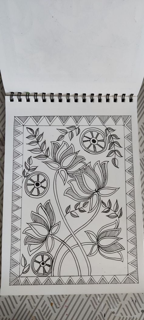 Simple Madhubani lotus art. Madhubani Lotus Design, Madhubani Art Simple, Madhubani Art Easy And Simple, Lotus Madhubani Painting, Madhubani Art Lotus, Simple Madhubani Paintings, Simple Madhubani Art, Madhubani Drawing Easy, Madhubani Outline