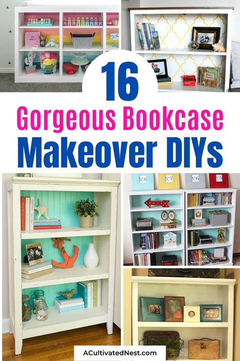 Using A Bookshelf For Storage, Upcycled Bookshelf Ideas, Painted Book Cases Ideas, Diy Painting Bookshelf, Small Bookshelf Makeover Diy, Paint A Bookshelf Diy, Diy Bookcase Makeover Ideas, Back Of Bookcase Ideas, Painted Bookshelves Diy