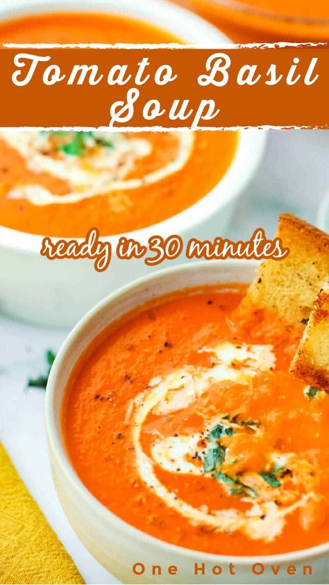 Homemade Tomato Basil Soup, Tomato Basil Bisque, Basil Soup Recipe, Homemade Tomato Soup Recipe, Tomato Basil Soup Recipe, Creamy Tomato Basil Soup, Tomato Soup Easy, Tomato Soup Homemade, Canned Tomatoes