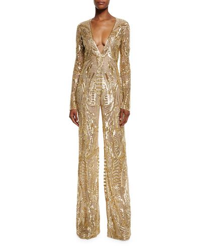 W0DYC Naeem Khan Sequined Long-Sleeve Wide-Leg Jumpsuit, Gold $8,990.00 Jumpsuits For Women Black, Sequin Jumpsuit Long Sleeve, Gold Sequin Jumpsuit, Beaded Jumpsuit, Reception Outfits, Gold Jumpsuit, Brown Jumpsuits, V Neck Jumpsuit, Metallic Jumpsuits