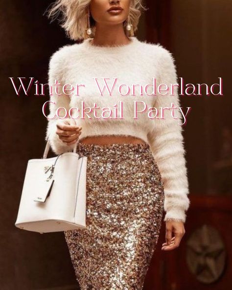 White Christmas Party Theme Outfit, White Christmas Aesthetic Outfit, Cute Christmas Themed Outfits, Winter Wonderland Christmas Party Outfit, Holiday Birthday Outfit, Winter White Holiday Party Outfit, Winter Wonderland Party Outfit Dresses, Winter Wonderland Formal Outfit, Dressy Christmas Party Outfit