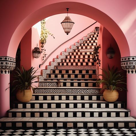 My version of Californian Spanish revival. Instead of white walls, I have experimented with pinkish lime walls mixed with Mexican black and… | Instagram Pink Spanish House, Iberian Architecture, Morocco Riad, Mini Castle, Balcony Decoration, French Apartment, Mediterranean Interior, 7 Design, Black And White Tiles