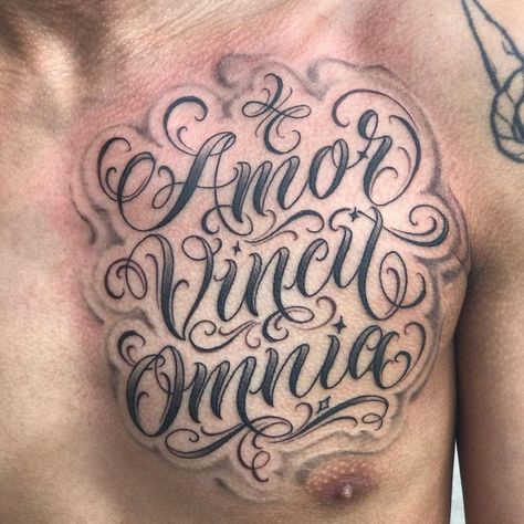 “ Amor Vincit Omnia “ Today’s chest piece . HMU to book your next custom tattoo 🙏🏽 📬📧EdRam61904@GMAIL.COM  #TattoosByEdmar #LettersByEdmar… Labor Omnia Vincit Tattoo, Chest Tattoo Wolf, Chest Tattoos, Chest Tattoos For Women, Chest Piece Tattoos, Tattoos Skull, Dragon Tattoo Designs, Celtic Tattoos, Skull Tattoo Design