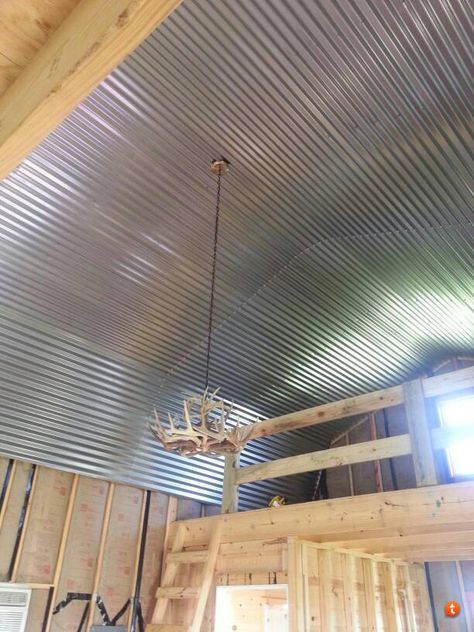 Anybody have corrugated tin on their interior ceilings? - TexasBowhunter.com Community Discussion Forums Tin Ceiling Ideas, Galvanized Tin Ceiling, Corrugated Tin Ceiling, Metal Panel Ceiling, Corrugated Metal Wall, Barn Remodel, Metal Ceiling Tiles, Barn Tin, Living Pool