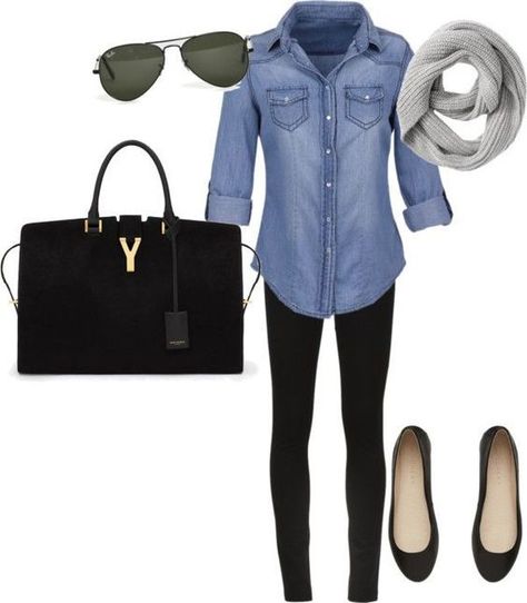 Denim Shirt, Black Skinny Jeans and Black Flats. I would love a denim blouse to wear with leggings for the fall/winter. Looks Camisa Jeans, Camisa Jeans, Mode Jeans, Mode Casual, Stil Inspiration, Denim Blouse, Ținută Casual, Cute Fall Outfits, 가을 패션