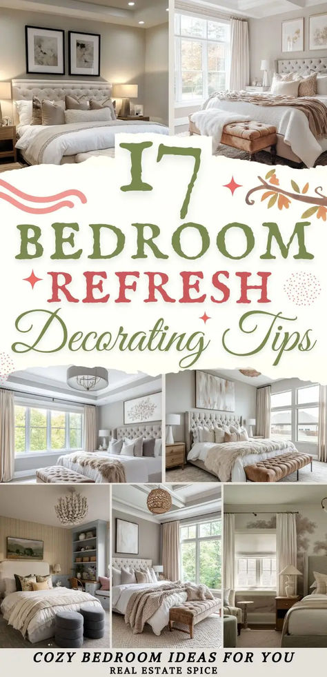 says 17 bedroom refresh decorating tips with 7 images of bedrooms with bedding bench bed nightstands table lamps ceiling light curtains poufs throw pillows rugs throw blankets neutral colors below says cozy bedroom ideas for you Update Bedroom Ideas, Bedroom Bedspread Ideas, Ideas On How To Decorate Bedroom, Soft Romantic Bedroom Ideas, Brass Headboard Bedroom Ideas, Traditional Bedroom Decor Master Suite Wall Colors, Bedroom Wall Photo Ideas, Home Bedroom Refresh Ideas, Bedroom Refresh Ideas