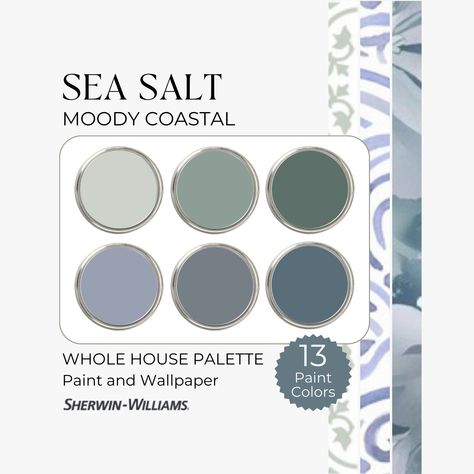 2024 Whole House Color Scheme, Moody Coastal Color Palette, Sw Sea Salt Bathroom, Colors That Go With Dark Green, Moody Beach House, Sherwin Williams Moody Blue, Sea Salt Coordinating Colors, Sea Salt Palette, Sherwin Williams Sea Salt Palette