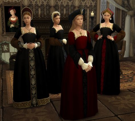 Sims 4 Tudor Cc, Sims 4 Medieval Cc, Sims 4 Medieval, Sims 4 Hair Male, Tudor Court, Fur Sleeves, Tudor Dress, Tudor Fashion, Vampire Dress