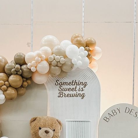 Signature Decor | GTA Luxury Balloon Styling on Instagram: "Something sweet is brewing ✨ Contact us to create a beautiful backdrop for your next event! @signaturedecorgta #gtaballoons #balloondecoration #babyshowerideas #balloongarland #balloonbackdrop #mississaugaballoons #eventdecorations #balloonarch #chiarawall #teddybearbabyshower" Baby Is Brewing Shower Ideas Coffee, Baby Brewing Shower Ideas, A Baby Is Brewing Baby Shower Ideas, Baby Is Brewing Shower Ideas, Something Sweet Is Brewing, Balloon Styling, Coffee Baby Shower, Baby Boy Sprinkle, Gender Reveal Baby Shower Themes