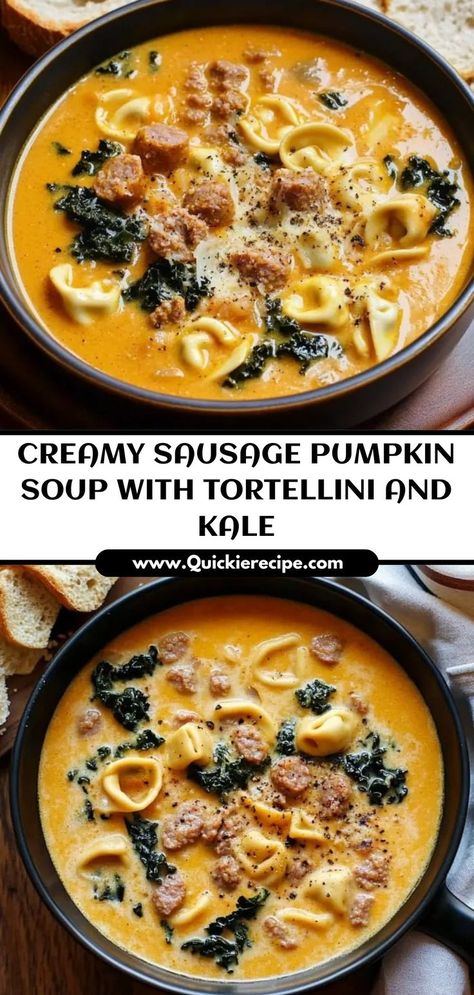 This Pumpkin Soup is creamy, savory, and loaded with sausage, tortellini, and kale for a hearty fall meal. Ingredients: 2 cups pumpkin puree 1/2 lb Italian sausage 1 cup cheese tortellini 1 cup kale, chopped A rich and satisfying soup perfect for chilly days Pumpkin Tortellini, Puree Soup Recipes, Pumpkin Sausage Soup, Soup With Tortellini, Hearty Fall Meal, Hearty Chicken Soup, Pumpkin Sausage, Soup With Sausage, Pumpkin Puree Recipes