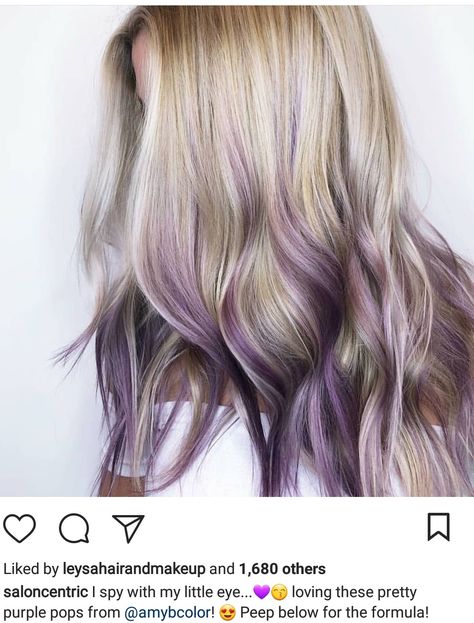 Purple Underneath Hair, Purple Blonde Hair, Purple Hair Highlights, Icy Blonde Hair, Peekaboo Hair, Hair Color Streaks, Purple Highlights, Lilac Hair, Lavender Hair