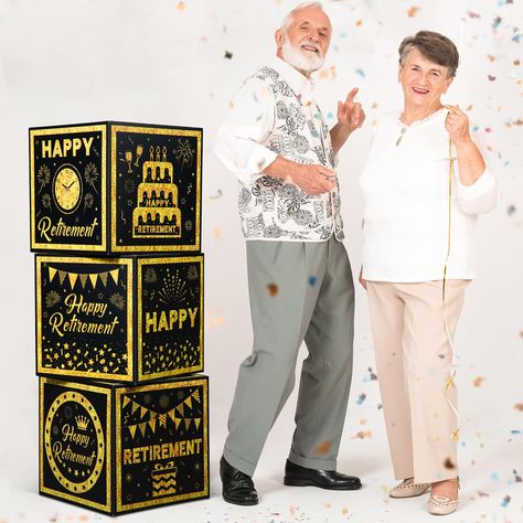 PRICES MAY VARY. Complete Retirement Party Decoration Set: our product comprises 3 exquisite black and gold retirement balloon box decorations, carefully designed to meet your party decoration needs; Each box measures about 11.8 x 11.8 x 11.8 Inches, an ideal size to add charm to your decoration; Note: balloons are not included in this set Celebratory Aesthetic Appeal: our happy retirement boxes are designed in a classy black and gold color scheme; Clearly outlined illustrations of the jubilant Retirement Balloons, Retirement Party Centerpieces, Party Centerpieces Diy, Retirement Decorations, Box Decorations, Retirement Party Decorations, Retirement Celebration, Balloon Box, Gold Color Scheme