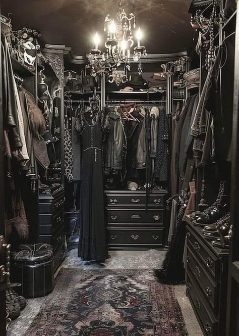 Gothic Aesthetic Room Decor, Goth Dressing Room, Gothic Victorian Room Aesthetic, Goth Walk In Closet, Gothic Dressing Room, Goth Storage, Dark Academia Closet, Gothic Room Aesthetic, Witchy Closet