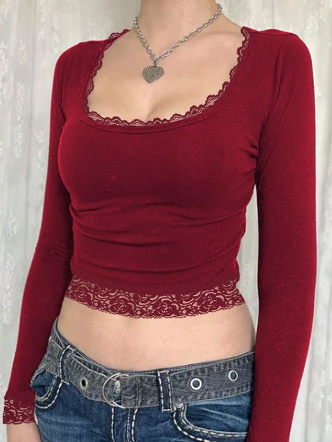 Women's Solid Color Lace Patchwork Long Sleeve T-Shirt Red Casual  Long Sleeve Knitted Fabric Plain  High Stretch  Women Clothing, size features are:Bust: ,Length: ,Sleeve Length: Cute Red Clothes, Red 2000s Outfit, Cute Red Shirts, Red Shirt Aesthetic, Red Aesthetic Clothes, Red Top Y2k, Red Clothes Aesthetic, Cute Red Tops, Dark Red Clothes