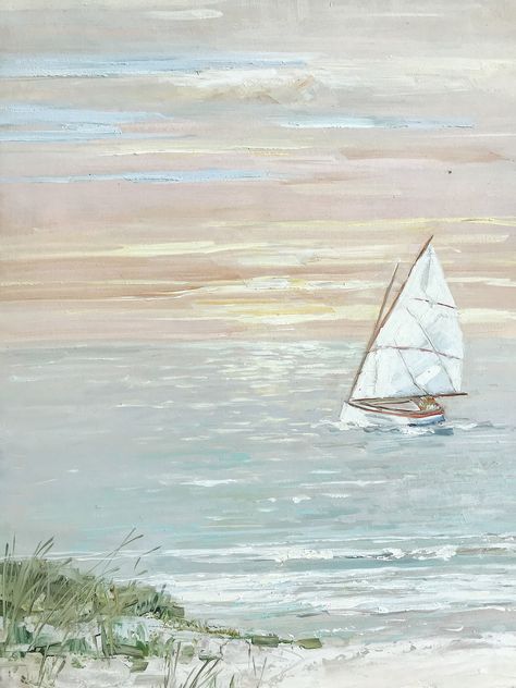 Oil painting of a summer sunset and a white sailboat. Picture Wall Posters, Neutral Wall Art Prints, Hamptons Painting, Wall Art Inspo Bedroom, Costal Pictures, Sailboat Painting Acrylic, Sail Boat Painting, Modern Coastal Artwork, Coastal Background