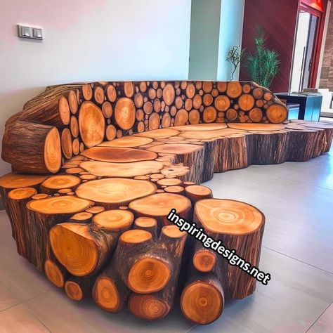 Artistic Wood Furniture, Wooden Log Ideas, Aesthetic House Inside, Olive Green Sofa, Log Wood Projects, Wooden Furniture Ideas, Wood Log Ideas, Log Art, Rustic Couch