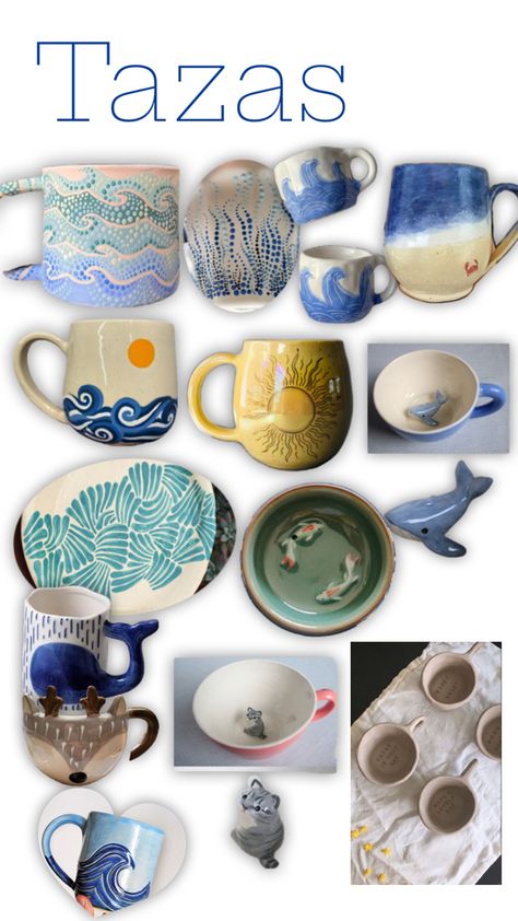 tazas con animales, tazas con azul, tazas con mar pintado, tazas con colores azules y celestes, tazas de cerámica pintadas