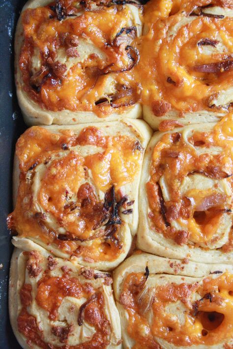 Soft and fluffy savoury rolls filled with orange cheddar and caramelised onions! Savory Brioche Rolls, Recipes Using Lots Of Onions, What To Do With Extra Onions, Savory Madelines, Carmalized Onion Recipes, Savory Breakfast Rolls, Melty Mashups, Savory Brioche, Cheddar Rolls