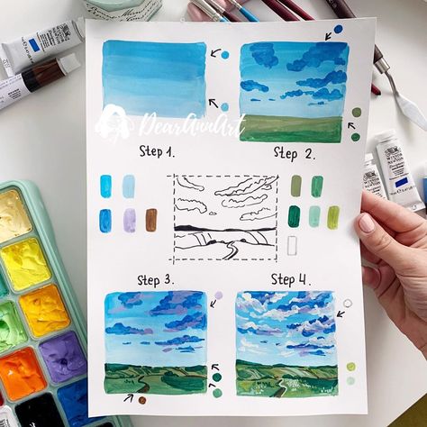 Anna Koliadych on Instagram: “It’s time for a new step-by-step #tutorial ☺️🥰 and this is a landscape painting by using #gouache. Hope it’s helpful 😉🎨. Have a great…” Gouache Art For Beginners, Gouache Painting Techniques, Gouache Sketchbook, Learn Painting, Patina Art, Gouache Tutorial, Art Mediums, Landscape Painting Tutorial, Watercolor Beginner