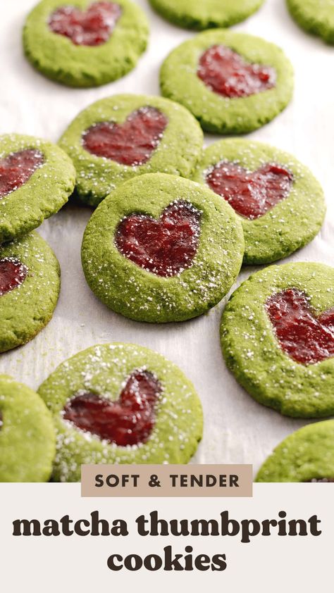 Matcha Raspberry Cookies, Mushroom Thumbprint Cookies, Matcha Thumbprint Cookies, Strawberry Matcha Dessert, Christmas Jam Cookies, Red And Green Cookies, Strawberry Matcha Cookies, Matcha Baked Goods, Tomato Cookies