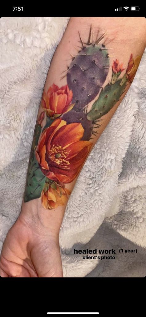 Cactus And Rose Tattoo, Colorful Desert Tattoo, Arizona Cactus Tattoo Desert Sunset, Desert Tattoo Color, Cactus Sunflower Tattoo, Mexico Art Tattoo, New Mexico Themed Tattoos, Prickly Cactus Tattoo, Cactus Leg Tattoo