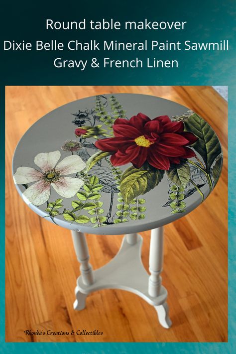 Round End Table Makeover, Decoupage Coffee Table, Sawmill Gravy, Painted End Tables, Diy Furniture Makeover Ideas, End Table Makeover, Cabinet Painting, Wood Dining Room Table, Furniture Flipping