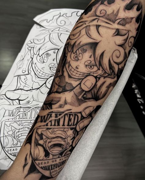 One Piece Arm Tattoo Men, Tattoo Ideas For Men Forearm Anime, Arm Tattoo Men Anime, Anime Sleeve Tattoo Ideas, Luffy Tatoos Ideas, One Piece Luffy Gear 5 Tattoo, Monkey D Luffy Tattoo Design, Gear 5 Luffy Tattoo Design, Monkey D Luffy Tattoo Ideas