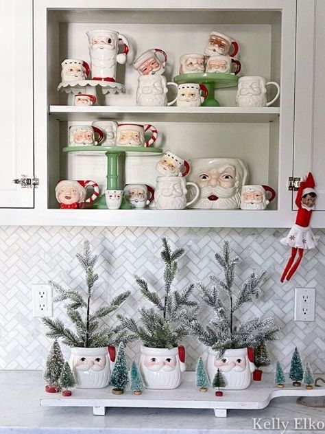 Christmas Wall Decor Ideas, Emily Henderson Design, Christmas House Tour, Mug Display, Kitchen Christmas, Christmas Poems, Santa Mugs, Wall Decor Ideas, Holiday Signs