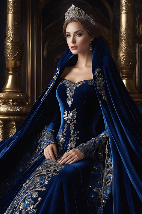 Royal blue 2, Vas K. Blue Coronation Dress, Royal Blue Queen Dress, Winter Royalty Dresses, Fantasy Coronation Gown, Regal Dress Gowns, Queen Outfits Royal Dress, Fantasy Royal Clothing Queens, Fancy Royal Outfits, Medevial Dresses Royal