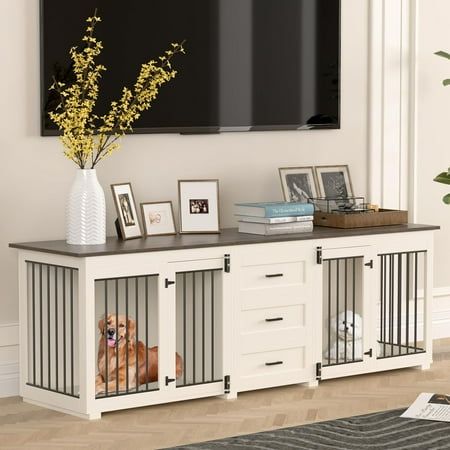 This designer-style modern and classic kennel will blend in perfectly with most furniture styles. The dog cage can also be used as a TV stand,display stand, ect. Adding much elegance to your home decor.This wooden dog cage furniture have 3 large drawers for extra storage space, which is great for storing Dog leash, snacks, medicine and other sundries. Color: White. Dog Cage Tv Stand, Side Table Dog Crate, Decorative Dog Kennel, Indoor Kennels For Dogs, Kennel Side Table, Dog Crate Tv Stand, Dog Cage Furniture, Double Dog Kennel Furniture, Dog Spaces In House