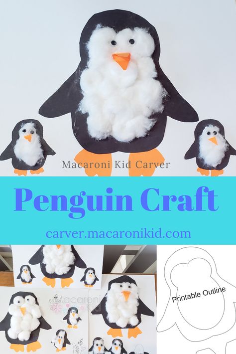 Cotton Ball Penguin, Penguin Outline, Penguin Crafts Preschool, Cotton Ball Crafts, Winter Animal Crafts, Printable Outline, Penguin Activities, Penguin Theme, Winter Penguin