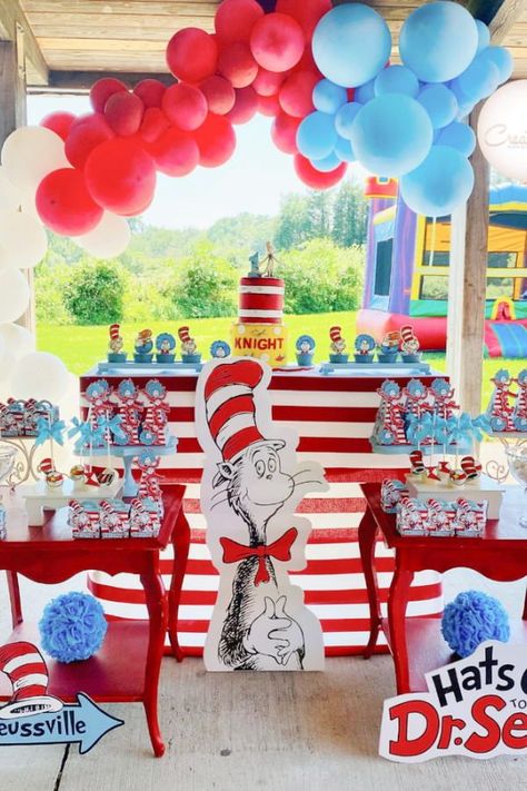 Cat In The Hat First Birthday, Dr Seuss 1st Birthday Party Boys, Dr Suess Gender Reveal Party, Thing One Thing Two Birthday Party, One I Am Dr Seuss Birthday Party, Thing 1 Thing 2 Birthday Party Ideas, Dr Seuss First Birthday Party, Dr Seuss Party Decorations, Dr Seuss 1st Birthday