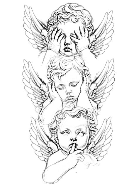 African American Angel Tattoo, Neo Traditional Angel Tattoo, Skull Tattoo Sketches For Men, Cherub Tattoo Stencil, Cherub Praying Tattoo, Angel And Devil Cherub Tattoo, Baby Angles Tattoos, Cherub Tattoo Sleeve, 3 Cherub Angel Tattoo