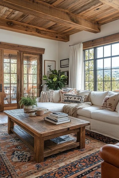 Natural Wood Living Room Rustic Beams In Living Room, Classic Rustic Living Room, Rustic Lounge Room, Simple Rustic Living Room, Rustic Luxury Living Room, Mixed Wood Living Room, Living Room Designs Rustic, Rustic Interior Design Living Room, Rustic Vintage Living Room